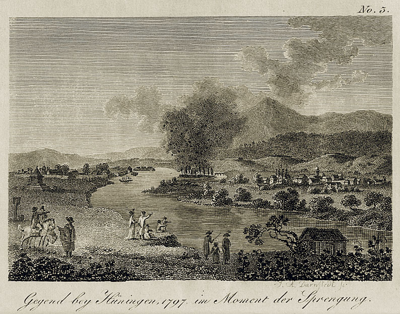 Gegend bey Hüningen, 1797, im Moment der Sprengung