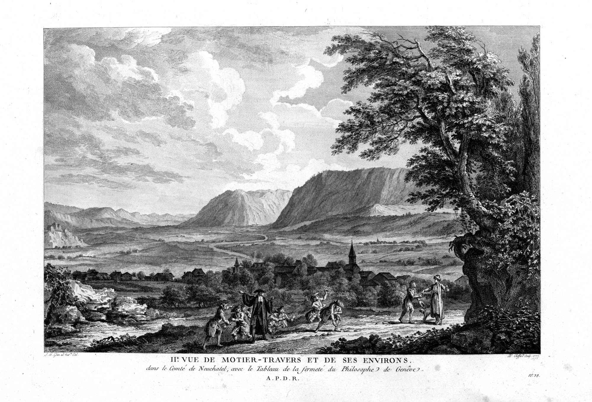 IIè vue de Motier-Travers et de ses environs, dans le Comté de Neuchatel, avec le Tableau de la fermeté du Philosophe de Genêve