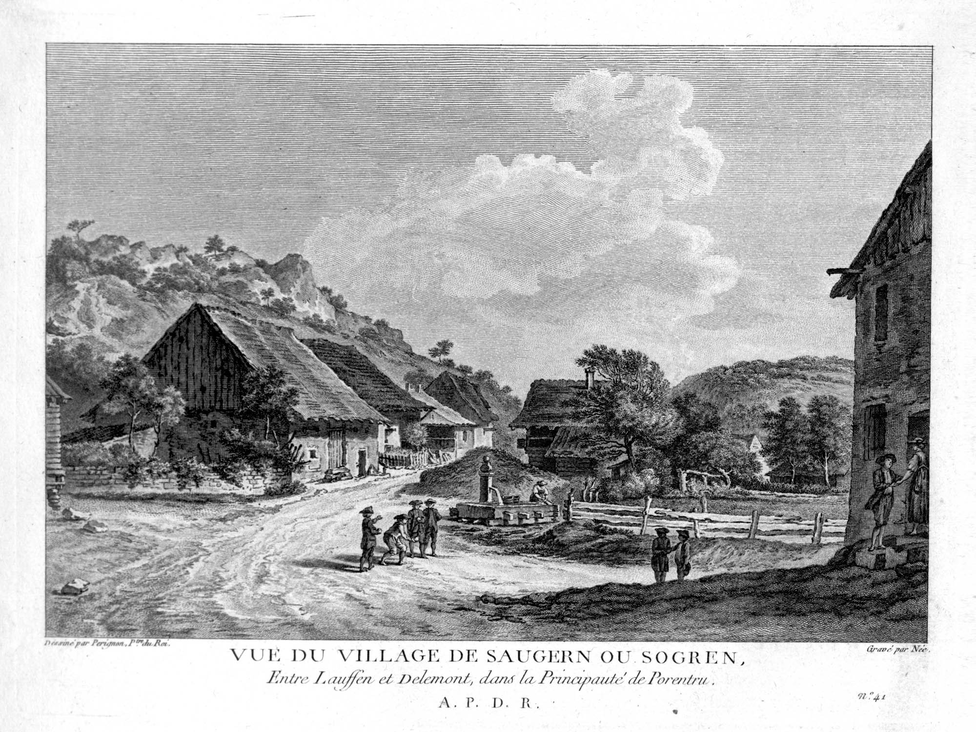 Vue du village de Saugern ou Sogren, entre Lauffen et Delemont, dans la Principauté de porentru