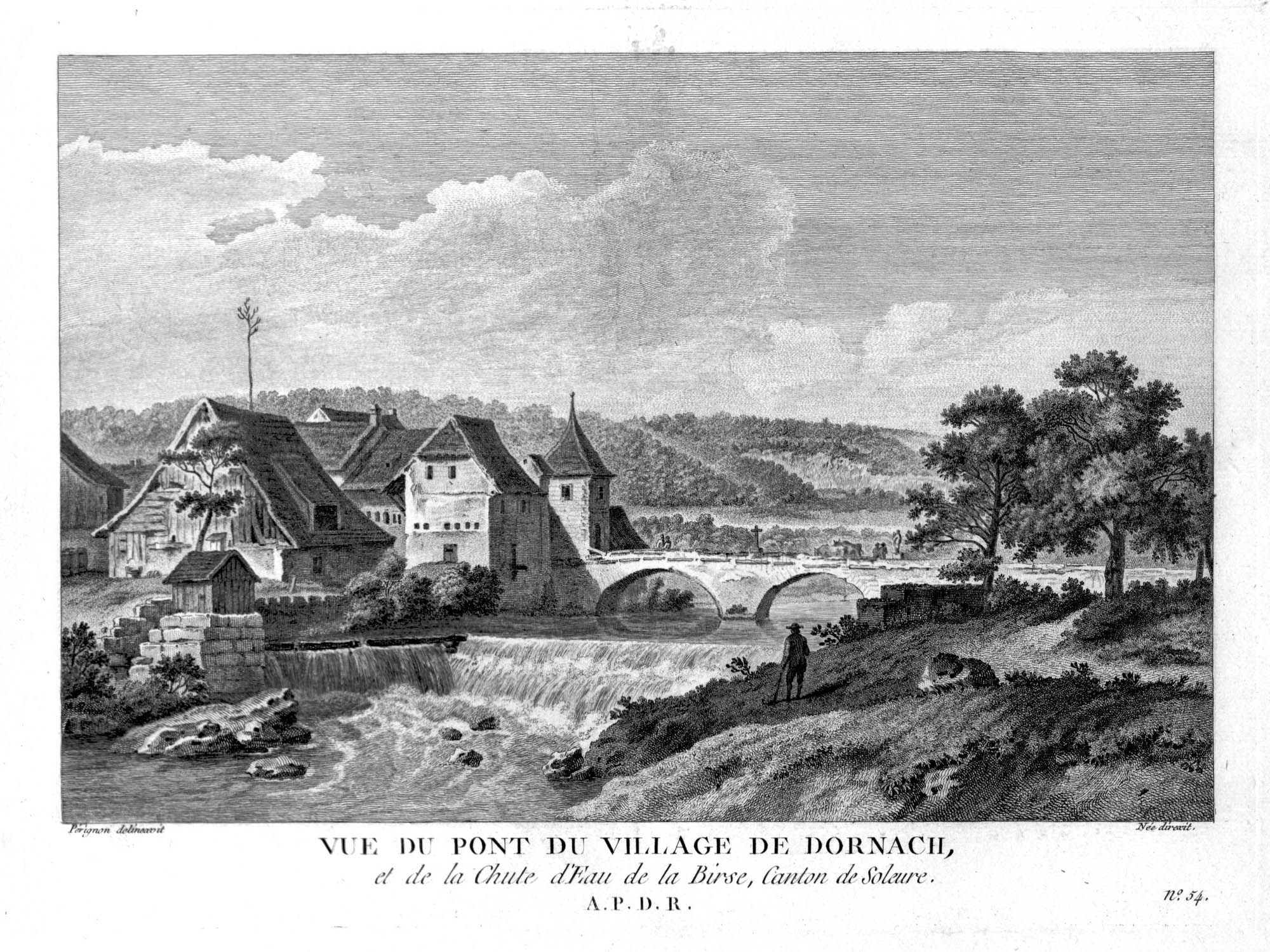Vue du pont du village de Dornach, et de la Chute d'Eau de la Birse, Canton de Soleure