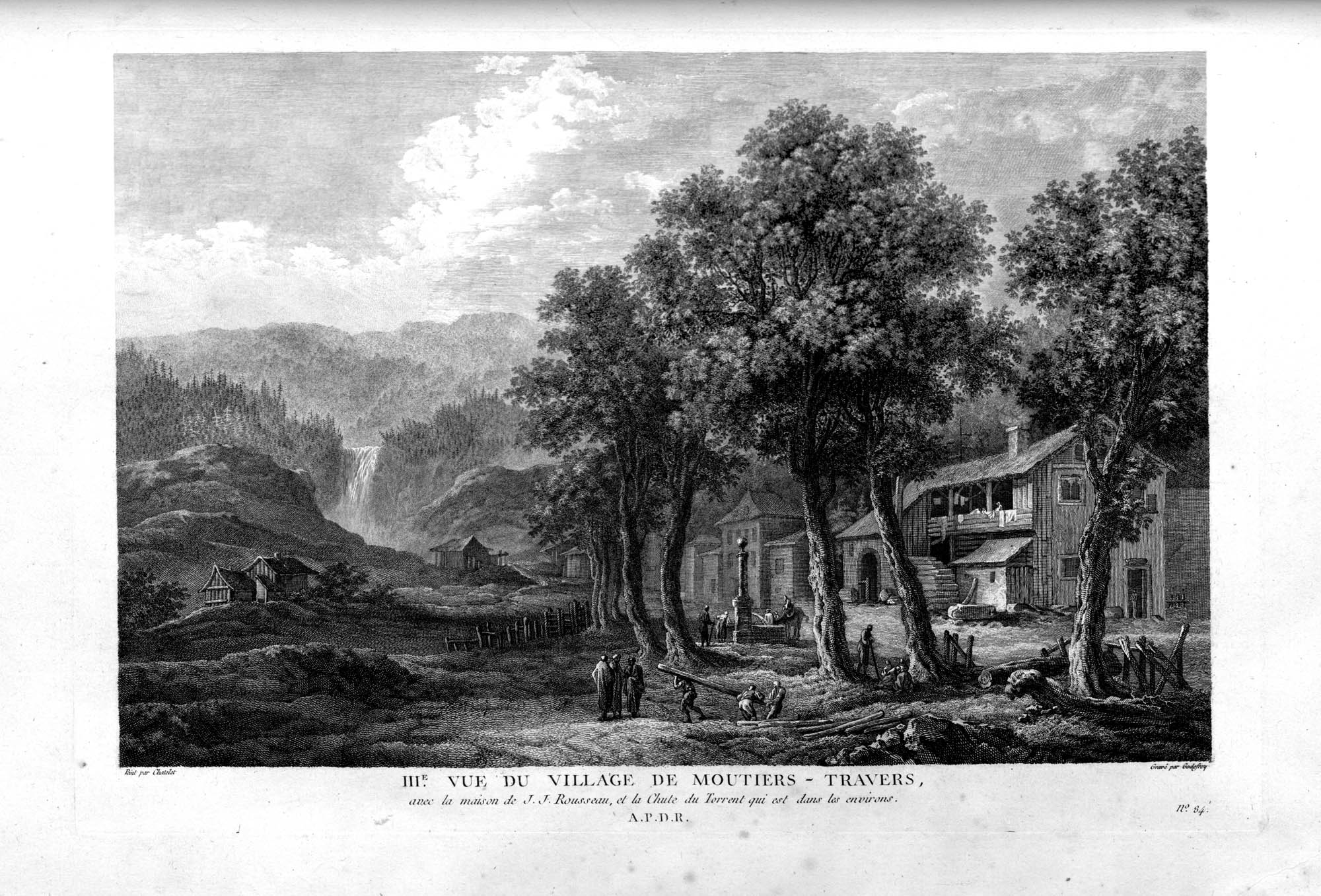 IIIe vue du village de Moutiers-Travers, avec la maison de J.J. Rousseau, et la Chute du Torrent qui est dans les environs.