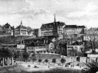 Lausanne et son Université. Gravure avec plusieurs vues sur l\'Ancienne Académie (© UNIL Archives)
