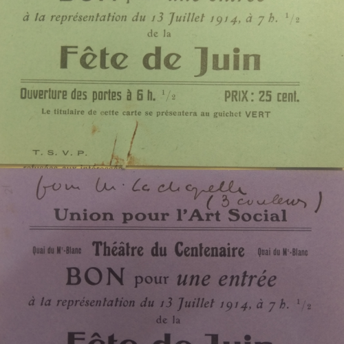 Bulletin d’inscription (verso) et Bon pour une entrée à la représentation du 13 juillet 1914 de la Fête de Juin, Union pour l’Art Social, Archives privées, AEG, 272.12.27.
