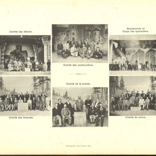 Les membres des différents sous-comités d’organisation de La Reine Berthe, posant devant les décors de la pièce, photographie. In Souvenir des représentations de juin 1899 à Payerne, op. cit.