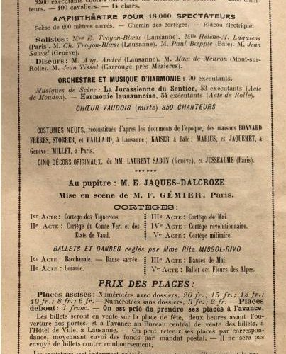 Affiche Représentation du Festival Vaudois in Fêtes du centenaire Vaudois : 4, 5 et 6 juillet 1903 : Guide officiel, [S.l.], Imprimerie G. Bridel, 1903.