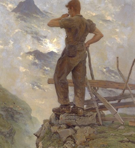 Auguste Baud-Bovy, Lioba! Berger de l'Oberland bernois rappelant son troupeau, peinture sur toile, 1886, mcba.