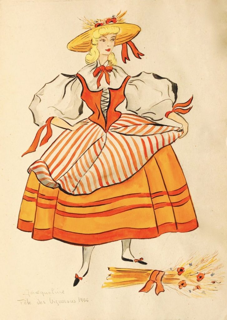 Fig. 36 – Costume d'une «Jacqueline», une des Moissonneuses de la troupe de l'Été (Henri Raymond Fost, gouache sur crayon, 292/207 mm, 1955, coll. part.)