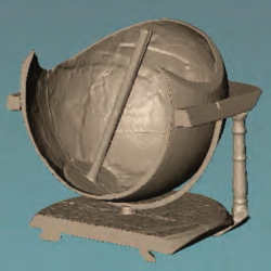 Modélisation 3D du globe céleste : la sphère est traversée par un axe métallique (invisible ici), lui-même inséré dans un axe en bois. Deux calottes rondes en bois soutiennent les extrémités. © SIK|ISEA