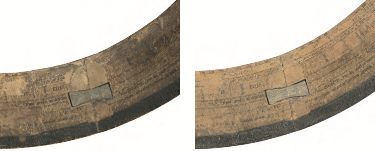 The horizon ring of the CG before (left) and after (right) restoration, which involved cleaning, re-gluing detached paper, sealing nicks and other touch-ups. (Ill. 29, SIK|ISEA report)