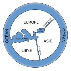 Reconstitution de la carte du monde d'Anaximandre de Millet (fin du VIIe siècle av. J.-C.)