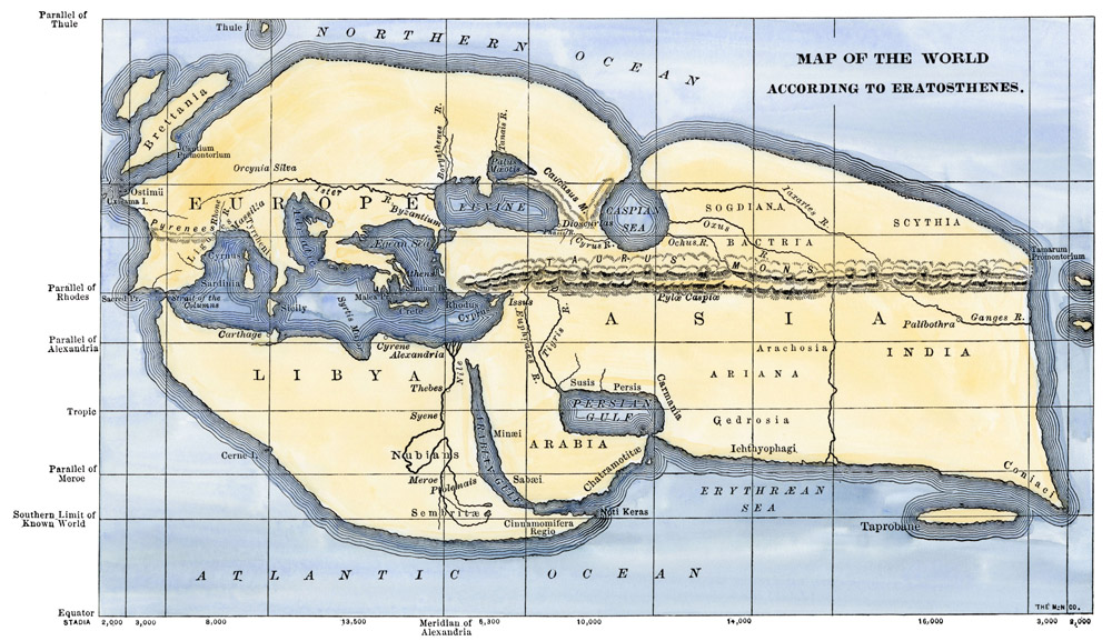 Reconstitution de la carte du monde d'Eratosthène (IIIe siècle av. J.-C.). Gravure colorisée du XIXe siecle. © North Wind Pictures/Leemage