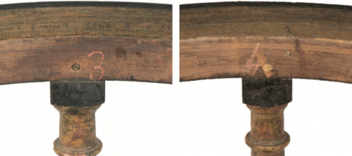 Celestial globe, inner side of the stand. The positions of the feet are marked with pink chalk. The stand was taken apart and glued back together during an earlier restoration. The wooden dowel (or trunnion) in the left-hand image was replaced with a new one (Ill. 23 & 24, SIK|ISEA report)